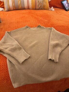 Neutral Ribbed Knit Sweater with Subtle Mock Neck